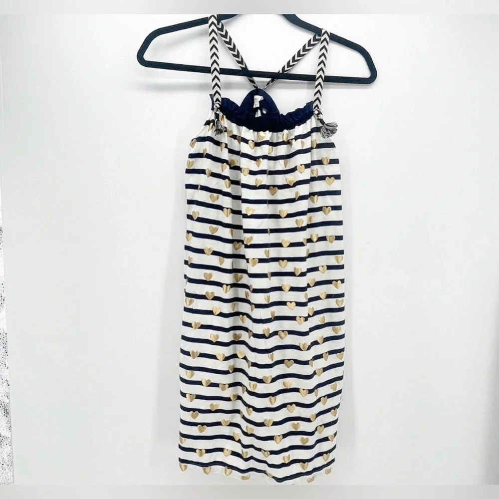 NWOT - Crewcuts Stiped Navy & White Dress with Gold Hearts - Girls size 10
